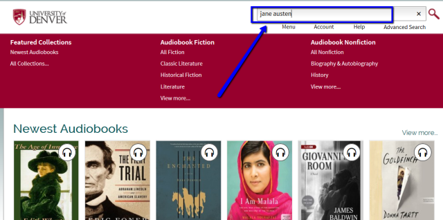 Search for "Jane Austen" in DU OverDrive interface